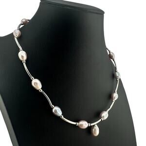 925 Sterling Silver Genuine Freshwater Pearl Beaded Choker 16" Necklace